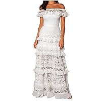 Women's Casual Off Shoulder Maxi Dress Floral Lace Ruffle Tiered Long Dresses Babydoll Vintage Swing Party Dress