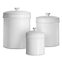 American Atelier Bianca Dash Canister Set 3-Piece Ceramic Jars in 30oz, 70oz and 122oz Chic Design with Lids for Cookies, Candy, Coffee, Flour, Sugar, Rice, Pasta, Cereal, White 1, 3 Count