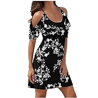 Today On Clearance Summer Dresses for Women 2024 Cold Shoulder Short Sleeve A-Line Casual T-Shirt Dress Plus Size Swing Cute Mini Dress