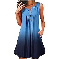 Summer Dresses for Women Beach Boho Sleeveless Sundress Gradient Flowy Tshirt Tank Dress with Pocket Resort Outfits
