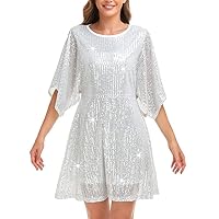 Womens Sequin Loose Dress Party Split Sleeves Casual Loose Mini Short Dresses