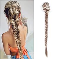 Braided Ponytail Extension 24 Inch Long Braid Ponytail Extension Drawstring Ponytail Clip In Hair Extension Synthetic Braided Ponytail for Women (Ash Brown with Sandy Blonde)