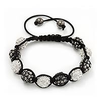 Unisex Buddhist Bracelet Crystal Dark Grey/Clear Diamante Beads 10mm - Adjustable