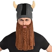 Amscan Viking Hat with Beard (1 Pc.) - One Size - Gray, White & Brown Stretchy Knitted Yarn - Unique Fun Accessory for Parties, Cosplay & More