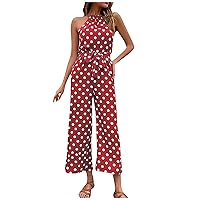 Women's Vacation Outfits Fashion Polka Dot Wide Leg Jumpsuit Neck Strap Beach Outfits