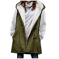 Womens Faux Suede Sherpa Fleece Lined Vest with Hood Oversized Sleeveless Vintage Button Down Waistcoat Hoodies