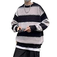 HAN HONG Striped Sweater Autumn Japanese Style Round Neck Spliced Color Loose Couples Hip Hop Knitted Sweaters