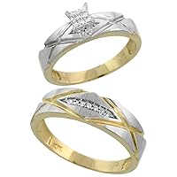 Genuine 10k Yellow Gold Diamond Engagement Rings Set for Him and Her 2 Cross Grooves 2-Piece 0.10 cttw Brilliant Cut 5mm & 6mm wide Size 10