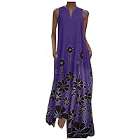 Womens Casual Floral Print Bohemian Loose Sundress Long Dress Sleeveless Maxi Dresses Summer Beach Dress with Pockets