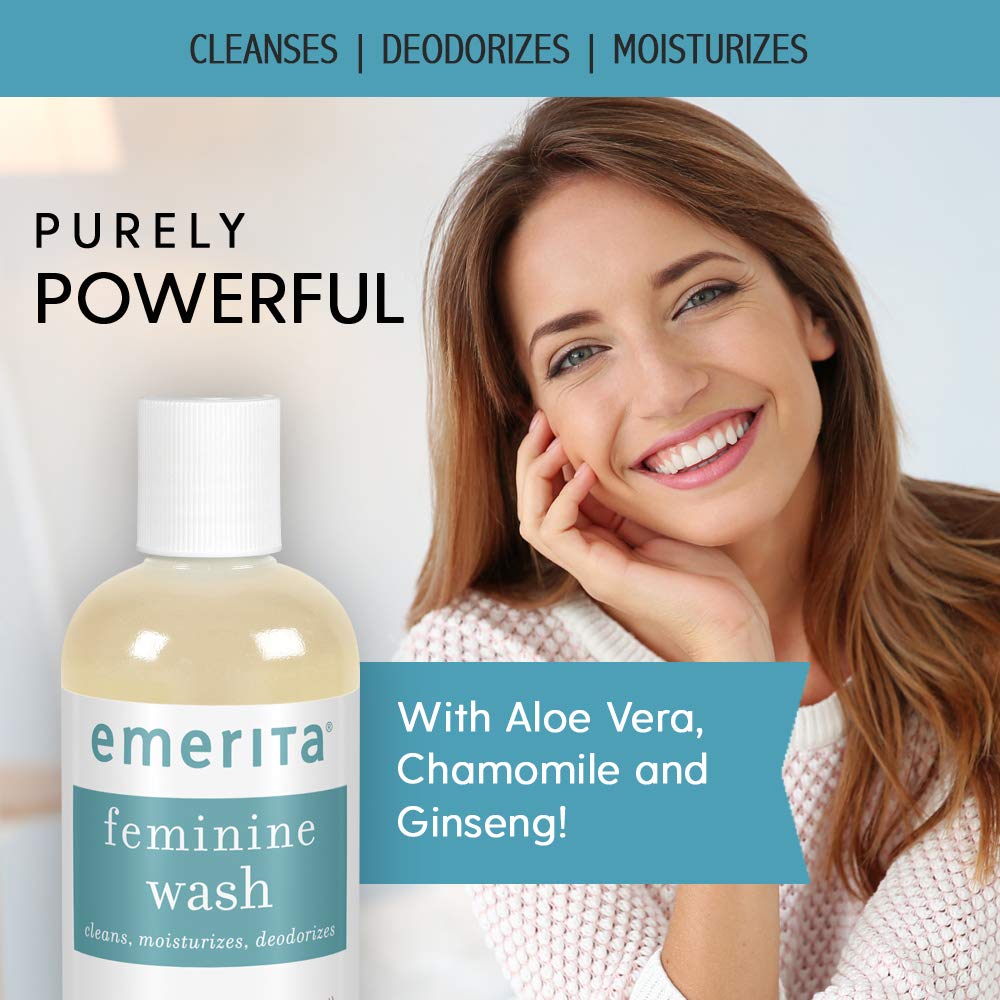 Emerita Feminine Cleansing & Moisturizing Wash | Gently Cleanses & Deodorizes | Formulated to Help Support Healthy Vaginal pH | Aloe, Chamomile | 4 oz
