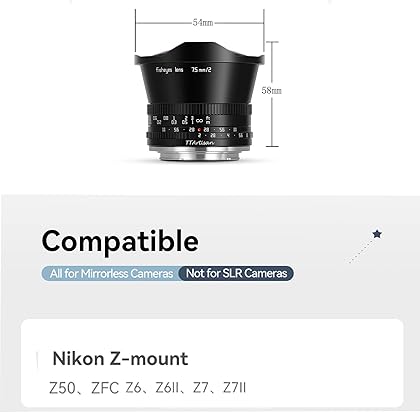 TTartisan 7.5mm F2.0 APS-C Fisheye Lens Compatible with Nikon Z Mount Camera Lens Wide-Angle View Lens for Nikon Zfc Z50 Z6II Z7II Z6 Z7 Z6