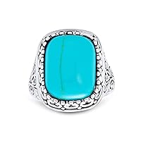 Personalize Southwest Boho Style 7-10 CTW Large Dome Rectangle Oval Gemstone Bezel Set Blue Turquoise Western Statement Ring For Women Filigree Scroll Band .925 Sterling Silver Customizable