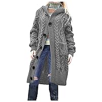 Hooded Cardigan Sweater for Women Fall Winter Cable Knit Sweater Coat Button Down Chunky Long Coats with Pocket