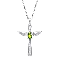 Dazzlingrock Collection 6X4 MM Oval Gemstone & Round Diamond Angel Cross Pendant (Silver Chain Included), Sterling Silver
