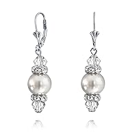Bridal Clear Pink White Grey Rondelle Faceted Crystal Dangle Drop Lever Back Simulated Pearl Dangle Earrings For Women Teen .925 Sterling Silver