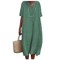 Short Sleeve Linen Dress for Women Summer V Neck Shift Dress Loose Casual Swing T-Shirt Dress Beach Party Midi Dresses