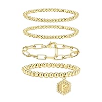 doubgood Gold Beaded Bracelets for Women, Stackable Gold Bracelets for Women Men 14K Real Gold Plated Stretch Bead Ball Bracelet with Letter Pendant
