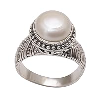 NOVICA Artisan Handmade Cultured Freshwater Pearl Cocktail Ring .925 Sterling Silver Mabe White Indonesia Gemstone Birthstone 'Moonlight Glyph'