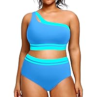 Aqua Eve Women Plus Size High Waisted Bikini One Shoulder Two Piece Swimsuit Color Block Bathing Suits