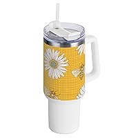 Honey Bees Happy Good Luck Daisy Fabric Yellow Insulated Tumbler with Straw Leak Resistant Flip Cute Water Bottle Reusable Travel Tea Mug Gifts for Women Men Him Her