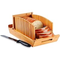 Premium Bamboo Bread Slicer with Serrated Knife Crumb Tray for Homemade Bread Foldable and Compact Loaf Cutter 3 Size Slicing Guide