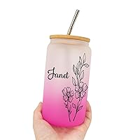 Birth Flower Frosted Glass with Bamboo Lid Customized Birthflower Glass Mug with Name New Year Women's Day Gifts for Sister December Flower Farmhouse 16oz Frosted Coffee Cup