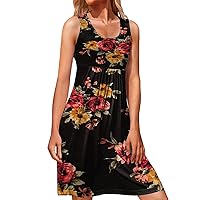 Womens Dresses Spring Plus Size,Women Casual Loose Tanks Dress Summer Print Dress Pleated Sleeveless Sun Dress