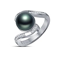 9 mm Tahitian Cultured Pearl and 0.12 Carat Total Weight Diamond Accent Ring in 14KT White Gold