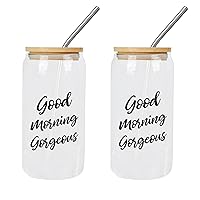 2 Pack Can Glass Cups with Lid And Straw Good Morning - Hello Handsome Glass Cup Can Beer Cups Happy Mother's Day Cups Great For for Soda s Whiskey Iced Coffee