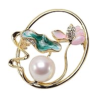 JYX Pearl Brooches for Women 12.5mm White Freshwater Pearl Brooch Pin with Zircons