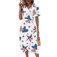 Women's 4Th of July Outfits Dresses Print Elegant Wrap V Neck Boho Dress Flowy Ruched Hawaiian Maxi Dress, S-3XL