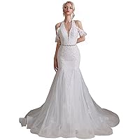 Women's Beaded Lace Applique Sleeveless Mermaid Wedding Dress