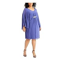 Connected Apparel Womens Purple Embellished Shirred Cape-Sleeve V Neck Knee Length Evening Sheath Dress Plus 18W
