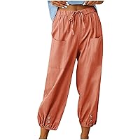 Women's Hiking Cargo Pants Lightweight Cotton Linen Outdoor Casual Capris Elastic Waisted Jogger Pants with Pockets