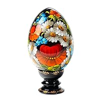 Wild Flowers Handmade Wooden Petrykivka Painting Decorative Egg with Stand, Collectible Figurines, Petrykivka Painting, Handmade Wooden Egg
