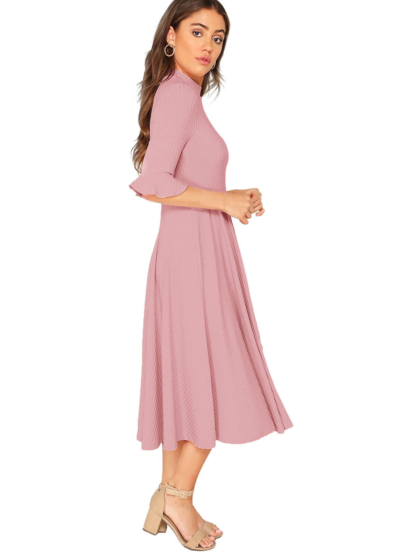 Verdusa Women's Elegant Ribbed Knit Bell Sleeve Fit and Flare Midi Dress