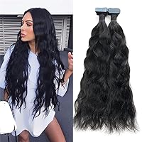 30inch Long Natural Wavy Tape in Human Hair Extension Brazilian Remy Skin Weft Tape Hair Natural Black Adhesive Tape on Hair Extension 100g 40pcs (30inch 40pcs, Natural Black)