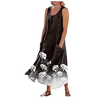 Linen Dress Women, Cute Dresses for Women Embroidered Dress Sleeveless Dress Women's Fashion Round Neck Summer Floral Print Trendy with Pocket Swing Daily 2024 Dressy for Women (White,3X-Large)
