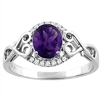 PIERA 14K Gold Natural Amethyst Ring Oval 8x6 mm Diamond & Heart Accents, sizes 5-10