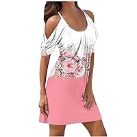Bohemian Cold Shoulder Tunic Dress Women Summer Floral Print Ruched Short Sleeves Cami Dresses Mini Swing Dress