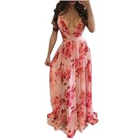 Lisa Colly Women Summer Chiffon Beach Dress Sleeveless V-Neck Floral Printed Long Maxi Dress