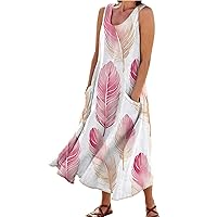 XJYIOEWT Summer Dresses for Women 2024 Casual,Women's Crew Neck Casual 3D Feather Print Cuffless Pocket Long Vest Dress