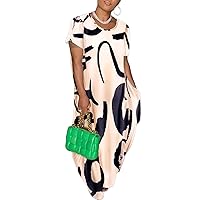 Plus Size Maxi Dress for Women African Print Summer Oversize Long Sleeve Baggy Tshirt Tunic Dresses with Pocket