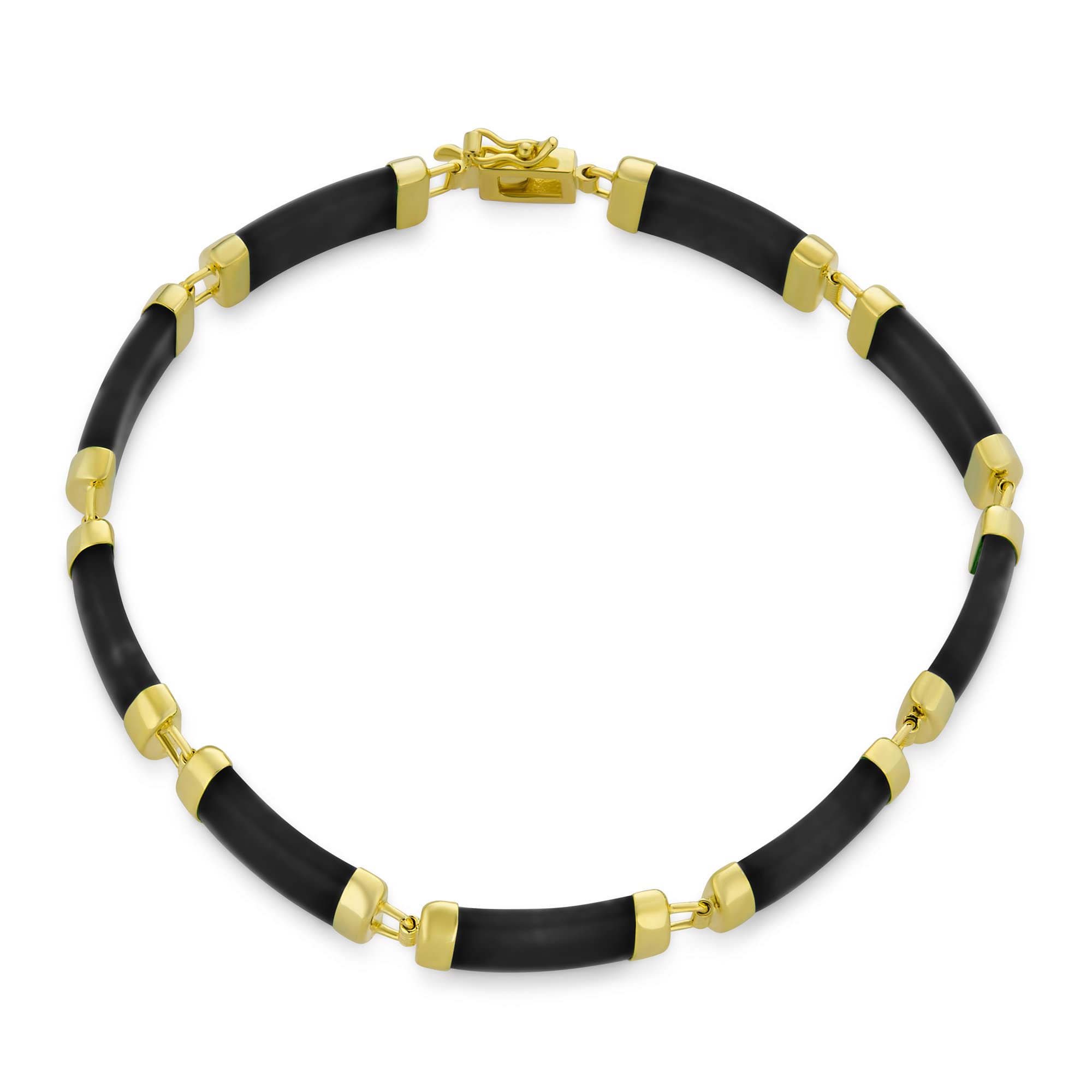 Asian Style Gemstone Black Onyx Genuine Multi Color Yellow Red White Green Jade Strand Contoured Tube Bar Link Bracelet For Women 14K Yellow Gold Plated .925 Sterling Silver 7.5 Inch