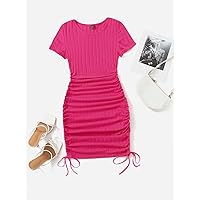 Summer Dresses for Women 2022 Drawstring Side Rib-Knit Bodycon Dress Dresses for Women (Color : Hot Pink, Size : X-Small)