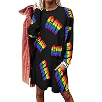 Gay Proud Rainbow LGBT Women's Sweatshirt Dress Long Sleeve Crewneck Pullover Tops Sweater Dress with Pockets