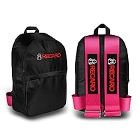 W-POWER JDM Bride Recaro Racing Laptop Travel Backpack Carbon Fiber Style with Adjustable Harness Straps (RECARO-Pink Strap)