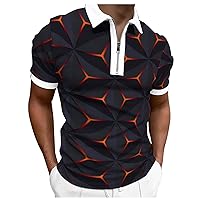 Men's Classic Short Sleeve Polo Shirt Zip Up Casual Summer Slim Fit T-Shirts Striped Graphic Tops Beach Tees