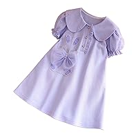 Clothes Girl's Bow Ruffle Trim Round Neck Puff Sleeve Flared A Line Dress Girls Short Sleeve Dress