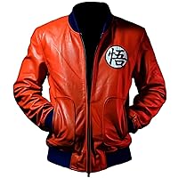 Mens Dragon Z G-O-K-U Orange Bomber Jacket DBZ Cosplay Costume Anime Real Leather Motorcycle Jacket